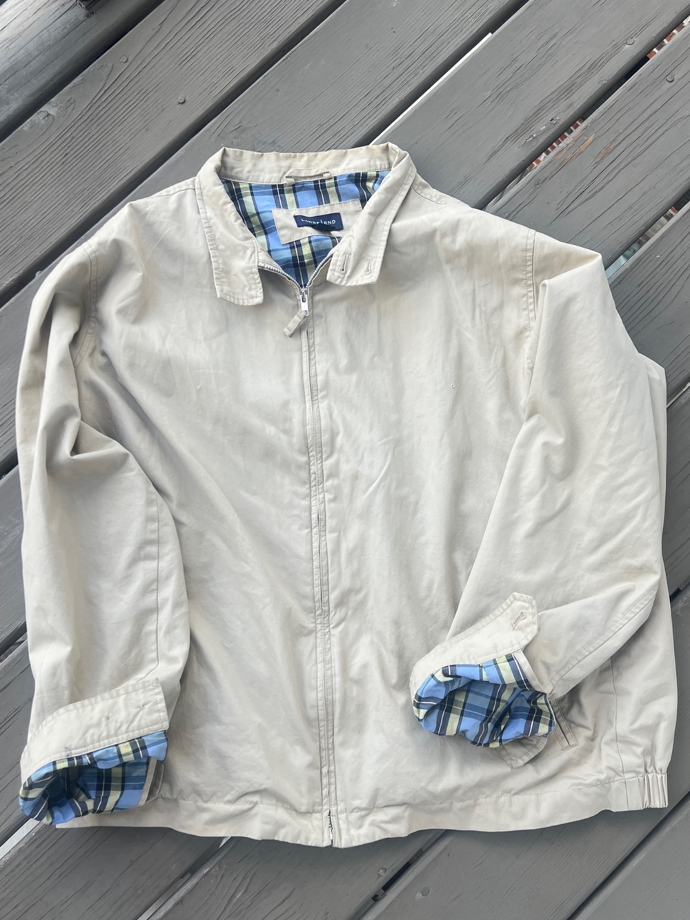 Lands' End Light Beige Men's Zip-Front Jacket with Blue Plaid Lining